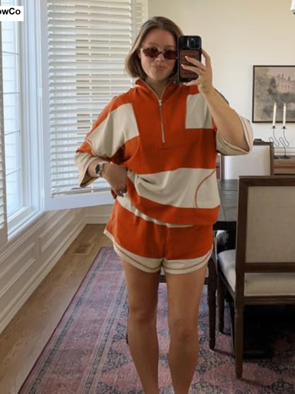 Womens Striped 2 Piece Workout Set Oversized Lounge Pullover Shorts - Picture 4 of 4
